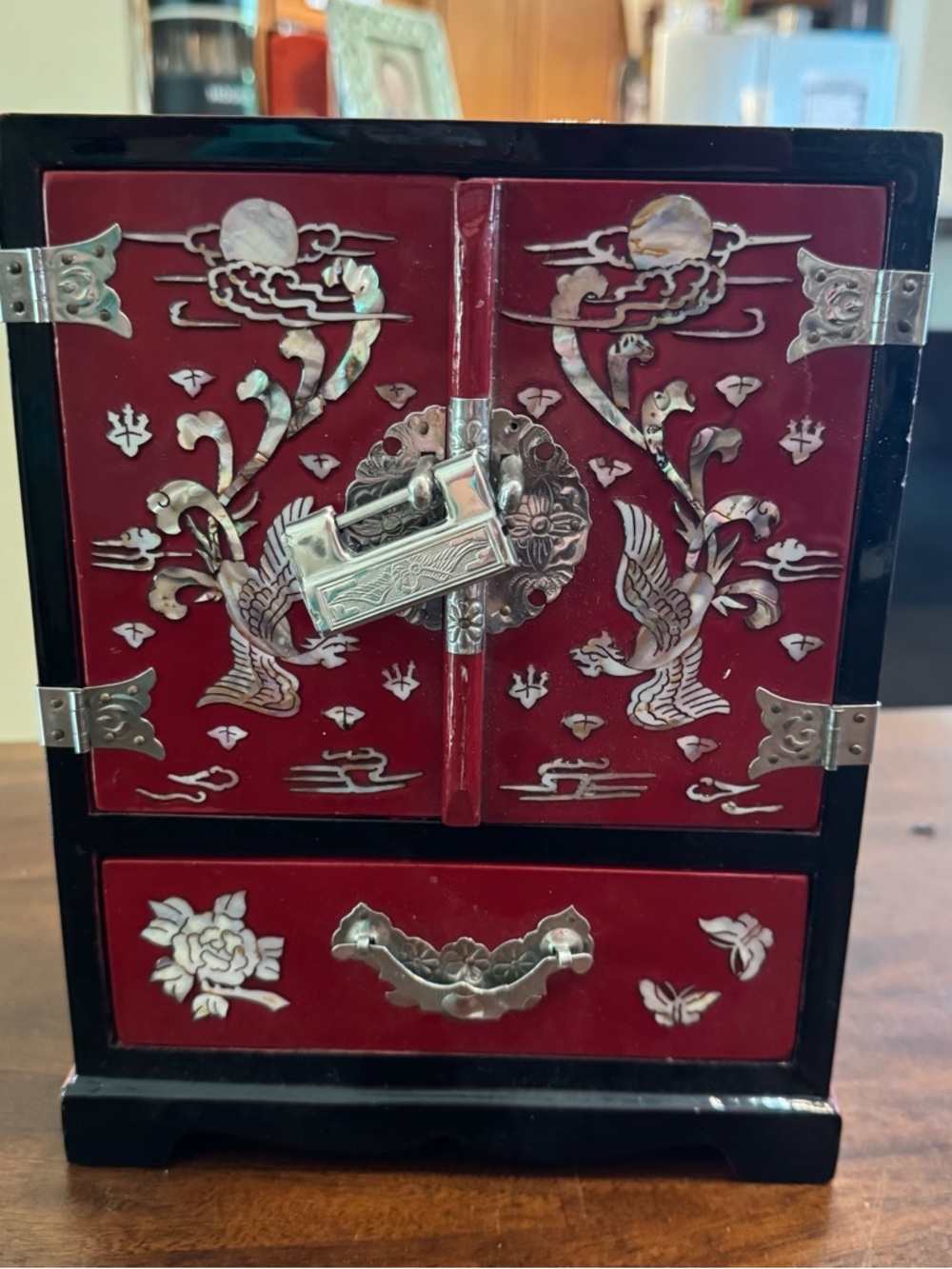 Vintage Red and Black Inlaid Jewelry Cabinet